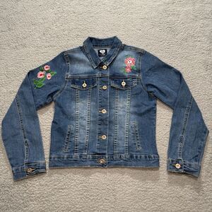 Dkin Jean Jacket Girls 14 /16 Blue Buttons Floral Flap Pockets Collared Denim L